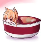  1girl animal_ears cup fox_ears in_container in_cup japanese_clothes lowres minigirl original ramen red_eyes shio_poteto solo 