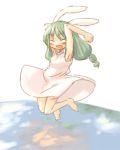  7010 animal_ears armpits barefoot closed_eyes dress green_hair happy jumping lowres rabbit_ears smile 