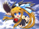  1girl air bird blonde_hair blue_eyes bow chibi clouds cross hair_bow hair_ribbon kamio_misuzu long_hair no_nose open_mouth ponytail reaching ribbon ryuukishi07 school_uniform sky solo sora_(air) very_long_hair 