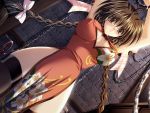  00s 1girl akira_(usausa) bare_shoulders bdsm blush bondage bound bow braid breasts brown_eyes brown_hair carnelian chains china_dress chinese_clothes darling dress erect_nipples game_cg hair_bow irie_kozue large_breasts scared solo thigh-highs thighs twin_braids 