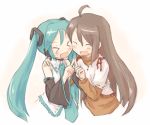  &gt;_&lt; 2girls 7010 :d ahoge blue_hair brown_hair closed_eyes detached_sleeves hatsune_miku hug long_hair multiple_girls open_mouth smile twintails vocaloid xd 
