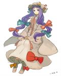  1girl blue_ribbon bow crescent crescent_hair_ornament dress female hair_bow hair_ornament hat iwamoto_james long_hair long_sleeves looking_at_viewer mob_cap patchouli_knowledge pink_bow purple_hair red_ribbon ribbon simple_background sketch solo touhou violet_eyes white_background 