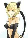  1girl animal_ears bad_id bare_shoulders bell bell_collar bikini bikini_top blonde_hair breasts cat_ears cat_tail clare_(claymore) claymore cleavage collar elbow_gloves face gloves grey_eyes large_breasts midriff pocopoco short_hair solo swimsuit tail 