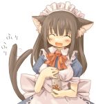  7010 animal_ears blush brown_hair closed_eyes fang lowres maid tail 
