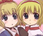  &gt;:o 2girls :o alice_margatroid aoi_tobira blonde_hair blue_eyes blush capelet close-up collarbone eyebrows eyebrows_visible_through_hair face female looking_at_viewer medicine_melancholy multiple_girls necktie parted_lips red_necktie short_hair sweatdrop touhou 