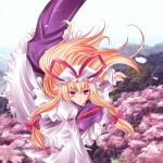  1girl armband bangs blonde_hair blue_sky blurry bow breasts cherry_blossoms depth_of_field dress female flying forest frilled_dress frills hair_bow hat hat_bow long_hair long_sleeves looking_at_viewer looking_up maki_(seventh_heaven_maxion) mob_cap mountain nature petals ribbon sky solo tabard touhou tree very_long_hair violet_eyes white_dress yakumo_yukari 