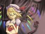  1girl aryus bad_id blonde_hair bow closed_mouth cravat crystal female flandre_scarlet floating_hair hair_between_eyes hat hat_bow hat_ribbon laevatein looking_at_viewer mob_cap navel puffy_short_sleeves puffy_sleeves red_eyes red_ribbon ribbon shadow short_hair short_sleeves smile solo stomach touhou upper_body white_hat wings 