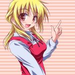  1girl blonde_hair blush brown_eyes hidamari_sketch kikuchi_tsutomu miyako pointing school_uniform serafuku solo striped 