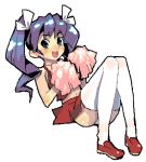  1girl :d cheerleader eyebrows eyebrows_visible_through_hair female full_body long_hair looking_at_viewer lowres oekaki open_mouth pom_poms poporon purple_hair simple_background solo thigh-highs twintails white_background white_thighhighs 