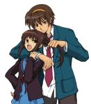  1boy 1girl bad_id genderswap genderswap_(ftm) genderswap_(mtf) hachimitsu hachimitsu_(rjrjr) hair_pull height_difference kyon kyonko ponytail school_uniform serafuku size_difference suzumiya_haruhi suzumiya_haruhi_no_yuuutsu suzumiya_haruhiko tall 