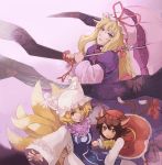  3girls animal_ears blonde_hair brooch cat_ears cat_tail chen collar dress female fox_ears fox_tail gem hat jewelry long_sleeves looking_at_viewer lovecom multiple_girls multiple_tails nekomata pillow_hat red_dress short_hair tabard tail tassel touhou two_tails wide_sleeves yakumo_ran yakumo_yukari 