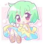  1girl :d blush chibi dress green_hair looking_at_viewer macross macross_frontier mirai_(sugar) open_mouth ranka_lee scarf short_hair sitting smile solo tareme yellow_dress yellow_scarf 