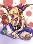  1girl ;d aryus bad_id bare_shoulders blonde_hair blue_skirt bow bowtie chains drunk female full_body gourd hair_bow horn_ornament horns ibuki_suika indian_style looking_at_viewer one_eye_closed oni open_mouth red_bow red_bowtie red_eyes sitting skirt smile solo spread_legs touhou 