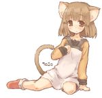  1girl 7010 animal_ears bangs blush boots brown_eyes brown_hair cat_ears cat_tail dress female long_sleeves looking_at_viewer lowres oekaki red_boots short_dress short_hair simple_background sitting solo tail white_background 