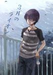  1boy black_hair bottle denim glasses grey_eyes jeans male_focus mumu original pants raglan_sleeves solo translated water_bottle 