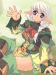  1girl blue_eyes braid elf elvaan final_fantasy final_fantasy_xi katy_(artist) long_hair pointy_ears smile solo summoner summoner_(final_fantasy) waving white_hair 