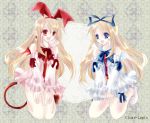  angel angel_wings animal_ears bat_wings blonde_hair blue_eyes clear-lapis demon_wings detached_sleeves disgaea dress dual_persona fallen_angel flonne flonne_(fallen_angel) long_hair makai_senki_disgaea_2 nippon_ichi pointy_ears rabbit_ears red_eyes tail time_paradox wings 