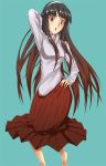 00s 1girl bad_id barefoot black_hair gradient_hair hairband hand_on_hip hips lipstick long_hair makeup multicolored_hair red_skirt simple_background skirt solo tohno_akiha tsukihime tsurugi_(artist) yellow_eyes