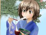  1girl brown_hair chopsticks eating food japanese_clothes kimono outdoors short_hair sky solo taiga~midnight 