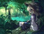  1girl blonde_hair cis_(carcharias) female hair_ribbon hat leaf looking_at_viewer looking_back moriya_suwako nature oekaki red_eyes ribbon short_hair sitting smile solo thigh-highs touhou tree tree_shade water white_legwear 