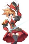  1girl blue_eyes brown_hair final_fantasy final_fantasy_xi hat hume katy_(artist) ponytail rapier red_mage redmage simple_background solo sword thigh-highs weapon 
