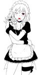  1girl :p ;p blush bow braid female hair_bow izayoi_sakuya jas knife licking maid maid_headdress monochrome one_eye_closed red_eyes smile solo spot_color thigh_strap throwing_knife tongue tongue_out touhou twin_braids weapon wrist_cuffs 