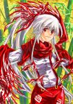  1girl blush bow buttons female fujiwara_no_mokou hair_bow long_sleeves looking_at_viewer ofuda pants red_bow red_eyes ryuusuitei sakana_(ryuusui-tei) scarf sidelocks silver_hair solo touhou 