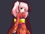  1girl blush choukou_sennin_haruka game_cg japanese_clothes kimono onigirikun pink_hair shihoudou_narika simple_background solo twintails 