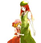  2girls ascot beret blonde_hair cowboy_shot dress female flandre_scarlet green_dress hat height_difference hong_meiling hug long_hair multiple_girls neck_ribbon puffy_short_sleeves puffy_sleeves red_dress red_eyes redhead ribbon short_hair short_sleeves side_ponytail simple_background star the_embodiment_of_scarlet_devil touhou very_long_hair white_background yae_(mono110) 