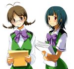  2girls akizuki_ritsuko antenna_hair blush brown_eyes brown_hair cosplay face glasses headset idolmaster mole multiple_girls otonashi_kotori otonashi_kotori_(cosplay) taira_tsukune uniform 