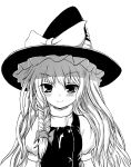  1girl braid female hat kirisame_marisa mitsuki_yuuya monochrome side_braid simple_background solo touhou upper_body white_background 