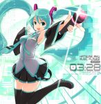  1girl aqua_eyes aqua_hair armcho black_legwear detached_sleeves hatsune_miku long_hair microphone neck necktie open_mouth pleated_skirt skirt solo thigh-highs twintails very_long_hair vocal vocaloid 