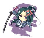  1girl arcana_heart chibi green_hair katana kumuiutabito long_hair lowres school_uniform serafuku solo sword tokinomiya_kamui violet_eyes weapon 