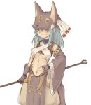  1girl 7010 anubis breasts detached_sleeves green_hair hat lowres midriff solo staff under_boob yellow_eyes 
