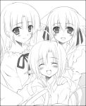  3girls :d animal_ears bangs blush cat_ears eyebrows eyebrows_visible_through_hair hair_ribbon looking_at_viewer monochrome multiple_girls open_mouth original ribbon short_hair simple_background smile white_background zinno 