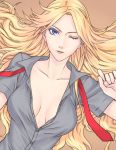  1girl bad_id blonde_hair blue_eyes breasts chimachi cleavage kimura_kaere no_bra one_eye_closed open_clothes open_shirt sayonara_zetsubou_sensei shirt solo wink 