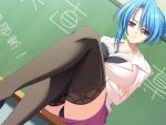  1girl black_legwear black_panties blue_hair bra breasts chalkboard classroom cleavage crossed_arms dutch_angle frown game_cg hair_up hotaka_tamagoro hotaka_tamagorou jewelry kanchichi_sweet kashino_machiko lace lace-trimmed_thighhighs large_breasts legs legs_crossed lingerie long_legs miniskirt necklace panties pantyshot pencil_skirt pendant pink_eyes red_eyes short_hair sitting skirt solo teacher thigh-highs thighs underwear upskirt 