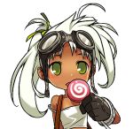  1girl candy dark_skin echo_(elsword) elsword female gloves goggles green_eyes licking lollipop lowres ress simple_background solo strap_slip swirl_lollipop twintails uneven_twintails white_background white_hair 