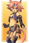  1girl animal_ears breasts elbow_gloves final_fantasy final_fantasy_xi fingerless_gloves gloves headband katy_(artist) midriff mithra small_breasts solo tail thigh-highs under_boob 