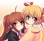  2girls blonde_hair blush bow brown_hair green_eyes kamikita_komari little_busters!! long_hair masayu multiple_girls natsume_rin pink_bow red_eyes ribbon short_hair 