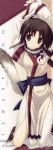  1girl absurdres amazuyu_tatsuki animal_ears brown_hair cropped dog_ears eruruw highres japanese_clothes kneeling long_hair long_image solo stick_poster tail tall_image utawareru_mono 