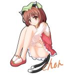  1girl amicis animal_ears bell brown_hair cat_ears cat_tail chen earrings female full_body hat jewelry leg_hug multiple_tails short_hair simple_background sitting smile solo tail touhou 