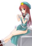  1girl :o bad_id beret braid china_dress chinese_clothes dress female gochou_(atemonai_heya) green_dress green_eyes hat hong_meiling long_hair open_mouth puffy_short_sleeves puffy_sleeves redhead shoes short_sleeves side_slit sitting socks solo star the_embodiment_of_scarlet_devil thighs touhou twin_braids very_long_hair white_legwear 
