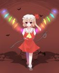  1girl bad_id bat blonde_hair brown_background female flandre_scarlet hat laevatein mary_janes rainbow_order red_eyes sakaki_chihiro shadow shoes socks solo touhou wings 