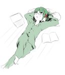  1girl aki_toshi barefoot glasses green homeko lying monochrome os-tan pajamas pillow solo spot_color xp_home-tan xphome 