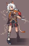  1girl animal_ears blue_eyes breasts final_fantasy final_fantasy_xi katy_(artist) kunai mithra ninja ninja_(final_fantasy) short_hair sideboob solo tail weapon white_hair 