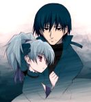  1boy 1girl akata_itsuki black_eyes black_hair couple darker_than_black grey_hair hair_ribbon hand_on_another&#039;s_head hand_on_head hei hetero hug jacket pink_eyes ponytail ribbon turtleneck yin 