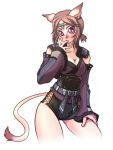  1girl animal_ears breasts brown_hair final_fantasy final_fantasy_xi finger_licking katy_(artist) licking mithra red_eyes simple_background solo tail 