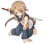  1girl 7010 animal_ears barefoot brown_hair feet lowres orange_eyes paws solo sword tail toes weapon 