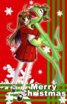  1girl :d ahoge bow brown_hair christmas coat double-breasted frog full_body green_eyes hair_bow hyougo_kikusuimaru kermit_the_frog long_hair looking_at_viewer merry_christmas muppets open_mouth pantyhose pleated_skirt red_coat skirt smile snowflakes solo stuffed_animal stuffed_toy white_legwear 